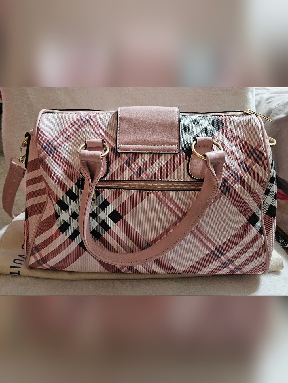 Pink Plaid Satchel Handbag with Gold Hardware - Picture 3 of 4